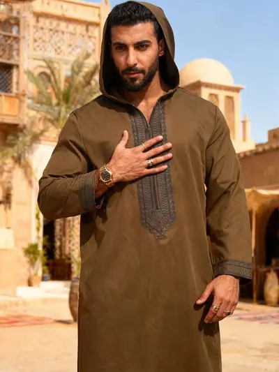 Men's Hooded Moroccan Caftan with Embroidery, Loose Long Shirt - 2