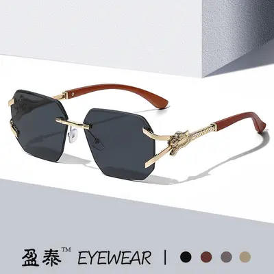 Frameless Square Sunglasses with Leopard Print Temples - 1