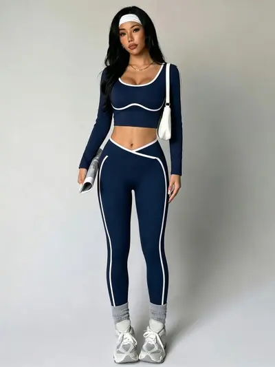 Women's Color-Block Yoga Set, U-Neck Open-Back Two-Piece