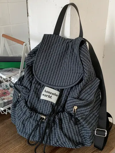 Korean-Style INS Lightweight Nylon Plaid Backpack 2025 New Large-Capacity Lazy-Style Versatile Drawstring Tote Bag