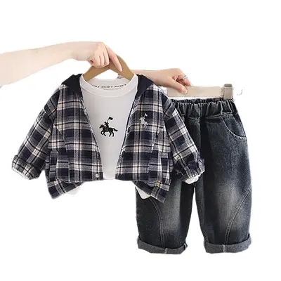 Boys Hooded Jacket Plaid Pants Cardigan 3-Piece Set