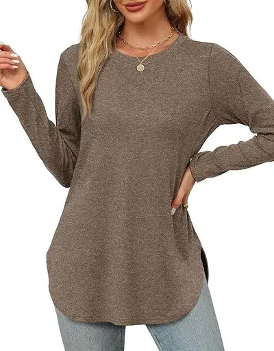Women's Solid Color Long Sleeve Round Neck Loose Casual Top - 10