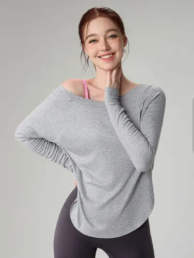 Kadın Rib Örgü Yoga Üstü, Gevşek Omuz Açık Uzun Kollu Fitness Kıyafeti - 3