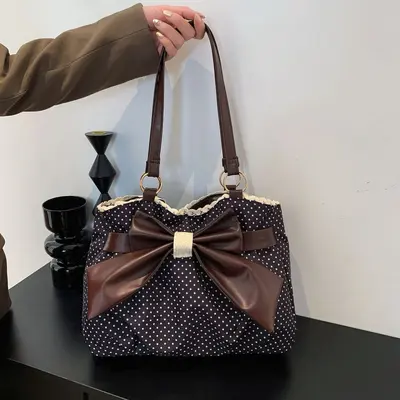Polka Dot Bow Lace Underarm Women's Bag, Large Capacity Commuter Bag