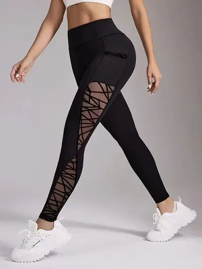 Women's Hip-Lifting Tummy-Control Leggings with Mesh Panels and Pockets