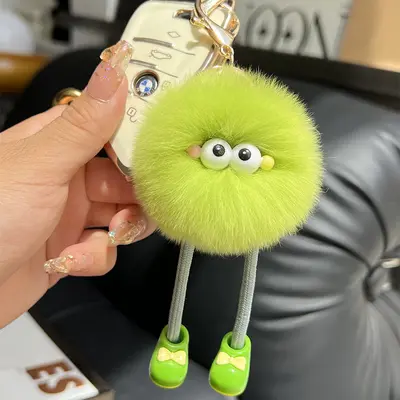 Long-legged imitation Rex rabbit plush keychain, small charcoal ball pendant - 7