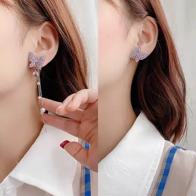 欧美跨境仙女紫色长款流苏蝴蝶耳钉轻奢甜美感耳环名媛风百搭耳饰