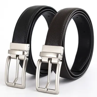 Men's belt made from top-grain cowhide, pin buckle, reversible buckle, double-sided genuine leather, versatile daily style belt for young and middle-aged men.