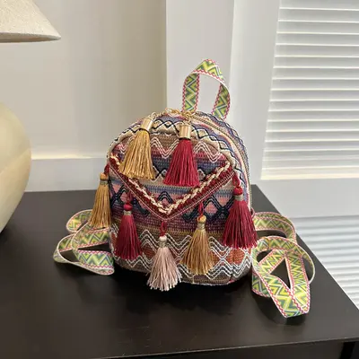 Women's Lightweight Backpack, Ethnic Tassel Design, Small Travel Size - 7