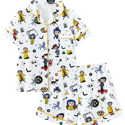 Kadın Cadılar Bayramı Pijama Takımı, Karikatür Baskılı, Süt İpeği Kısa Kollu