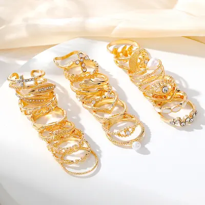 Cross-border bestselling diamond-studded cross leaf ring multi-jointed 23-piece set pearl sun and moon ring