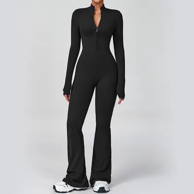 Zipper Long-Sleeve Yoga Jumpsuit, High-Intensity Fitness One-Piece Fitted Bodysuit - 7