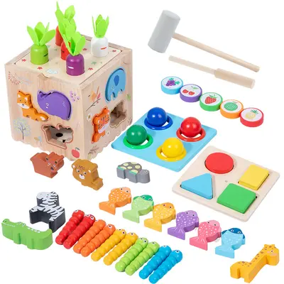 Wholesale Multi-Function Wooden Montessori 8-in-1 Combination Pounding Ball Animal Matching Fishing Game Early Educational Toys for Toddlers