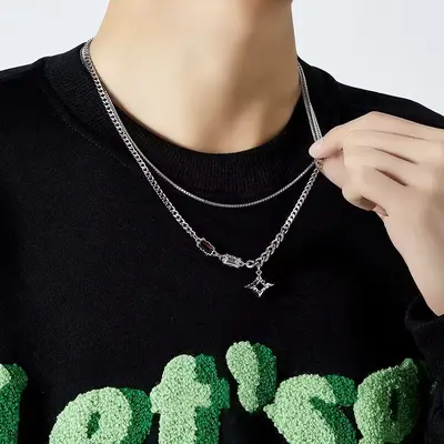 Yıldız çift katmanlı kolye erkek moda kazak zinciri hafif lüks niş tasarım hip-hop tarzı çift erkek ve kız klavikula zinciri