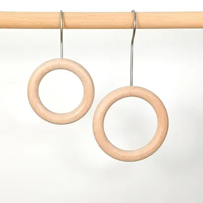 Solid Wood S-Hook with Wooden Ring Clip, Store Display Hook for Clothes, Bags and Hats