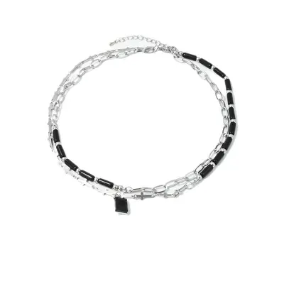 Siyah zirkon kolye, çift katmanlı, zincirli - 6