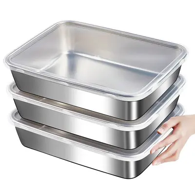 Verdickte Lebensmittelklasse quadratischer Edelstahl-Lagerbehälter mit Deckel, Handtuchablage, spezielles quadratisches Tablett für Grillzubehör, Haushalts-Servicetablett, Besteck-Tablett.
