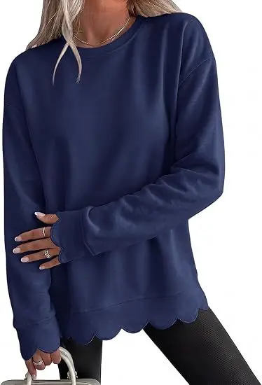 Women's Solid Color Round Neck Long Sleeve Fan-Cut Sweatshirt - 12