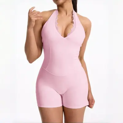 Spitzen-V-Ausschnitt Yoga-Einteiler, schnelltrocknend, Shorts