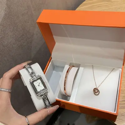 Women's quartz watch set with diamonds, square, gift box