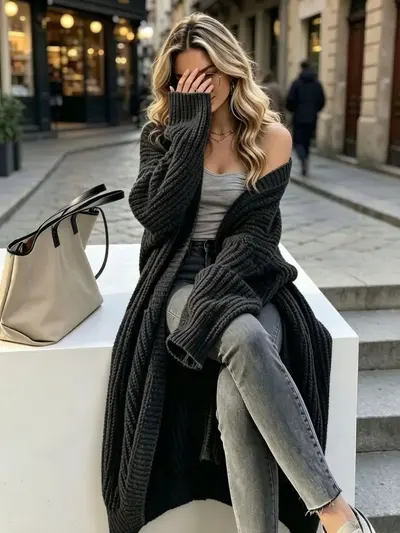 Kalın Sonbahar Kış Kadın Diz Altı Uzun Triko Hırka Gevşek Kesim - 7