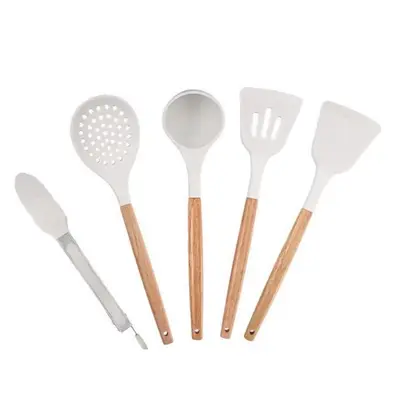 Mutfak yapışmaz tava ahşap saplı paslanmaz çelik silikon spatula, yüksek sıcaklığa dayanıklı, haşlanma önleyici, kaymaz, ev tipi gıda sınıfı silikon spatula ve kaşık.
