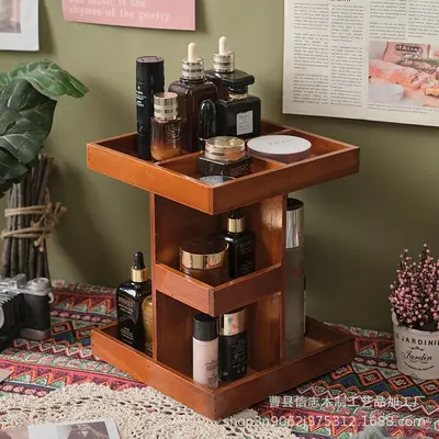 Rotating Wooden Makeup Vanity with Cosmetics Storage - 2