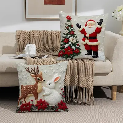 Keten Karikatür Desenli Noel Yastık Kılıfı Sofa Kırlent Kılıfı - 12
