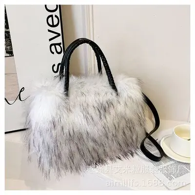 Women's Large Capacity Long-Haired Tote Bag, Contrast Color, Soft Structure - 8