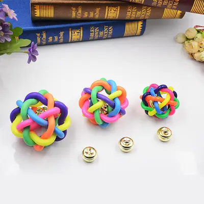 TPR Squeaky Rainbow Dog and Cat Toy, Woven Bell Ball - 3