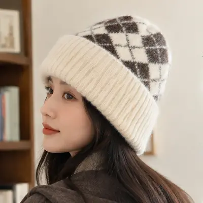 Kore Tarzı Ekose Jakarlı Örgü Bere Sonbahar Kış Sıcak Yün Bere Rüzgar Geçirmez Yumuşak Şapka Kadın Model Retro Şapka Kadın Model