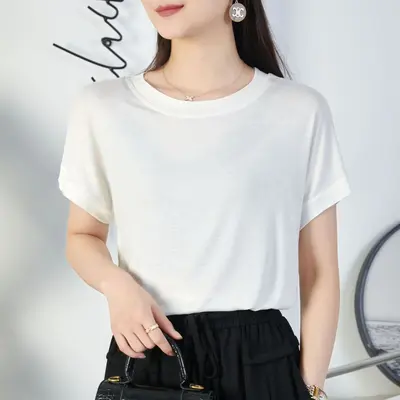 TikTok Fledermaus-Ärmel T-Shirt für Frauen, Rundhalsausschnitt, Sommer einfarbig, einfaches Farbblock-Design mit kurzen Ärmeln, Freizeit für Frauen, vielseitig, lockeres Kurzarm-T-Shirt. - 8