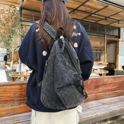 Washed Canvas Backpack, Irregular Niche Design, Denim School Bag for Girls - 5