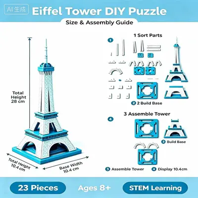 Eyfel Kulesi yapı blokları seti, STEM eğitici model, 3 yaş ve üzeri