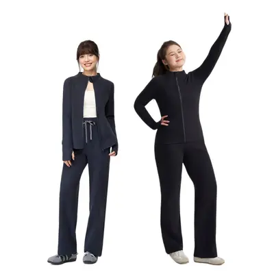 Women's Two-Piece Yoga Set in Camel Fleece with Zip Stand-Up Collar - 6