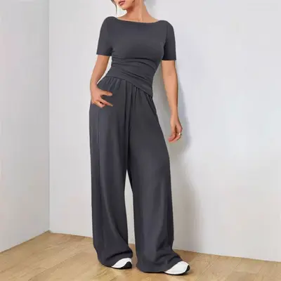 Kadın bol paça pantolon ve üst 2'li takım, yumuşak dokulu - 10