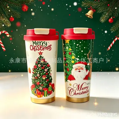 跨境新款圣诞节卡通印花保温杯圣诞树雪人便携水杯不锈钢直饮杯