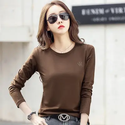 Kadın Pamuklu Uzun Kollu Nakışlı T-Shirt Sonbahar Kış Düz Renk