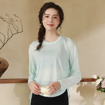 Kadın yoga üst, uzun kollu, yuvarlak yaka, açık hava koşu, pilates - 9