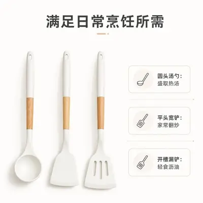 Kaymaz Uçlu Ahşap Saplı Silikon Mutfak Eşyası Tencere Kepçesi Seti Mutfak Aletleri Pişirme Wok Spatulası Çorba Kaşığı Kepçe Seti - 10