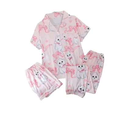 Women's Printed Pajama Set 3-Piece Short Sleeve Shorts Long Pants
