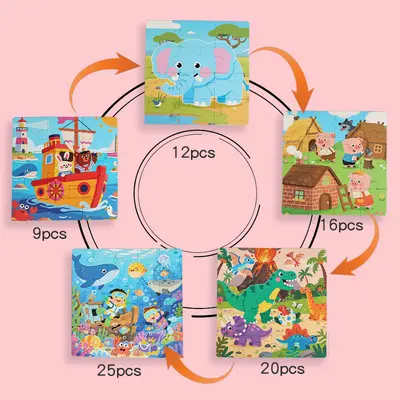 Magnetic progressive puzzle book with cartoon animals and learning activities
