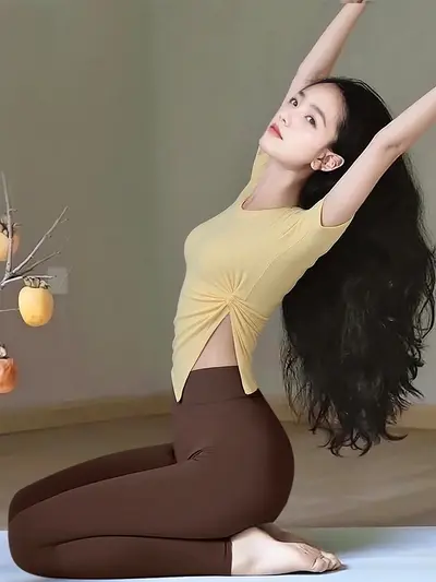 Women's yoga set, slim waist, side slit, pilates sports top - 6