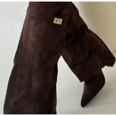 Women's Pointed Toe Tall Boots with Metal Buckle, Chunky Heel, Plus Size - 11