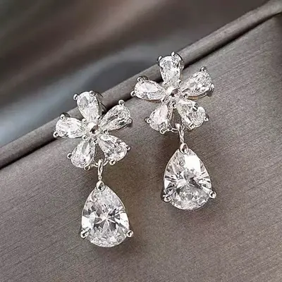 Crystal flower earrings, water drop, Korean style, lightweight luxury - 7