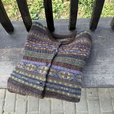 Damen-Strickjacke Fair Isle, 100 % Wolle, Rundhals, Winter