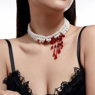 Perlenkette mit Tropfenblut-Design, Choker - 10