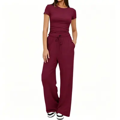 Damen-Langarm-Set mit Hose mit hohem Bund und weitem Bein - 12
