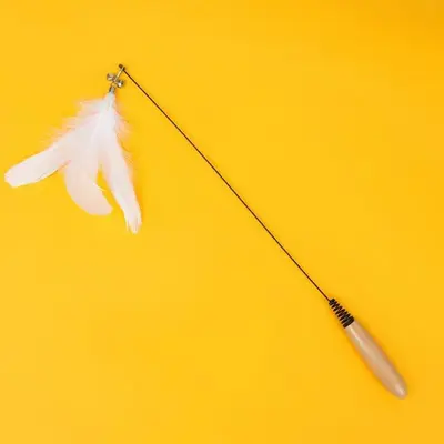 Cat teaser wand with wooden handle, replacement feather head, steel wire - 9