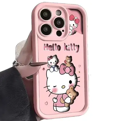 Pembe KT kedi telefon kılıfı, Apple 15 Pro Max iPhone 16 için uygun, sevimli çizgi film desenli, 14, 13, 17 numaralı kızlar için, düşmeye karşı korumalı. - 6